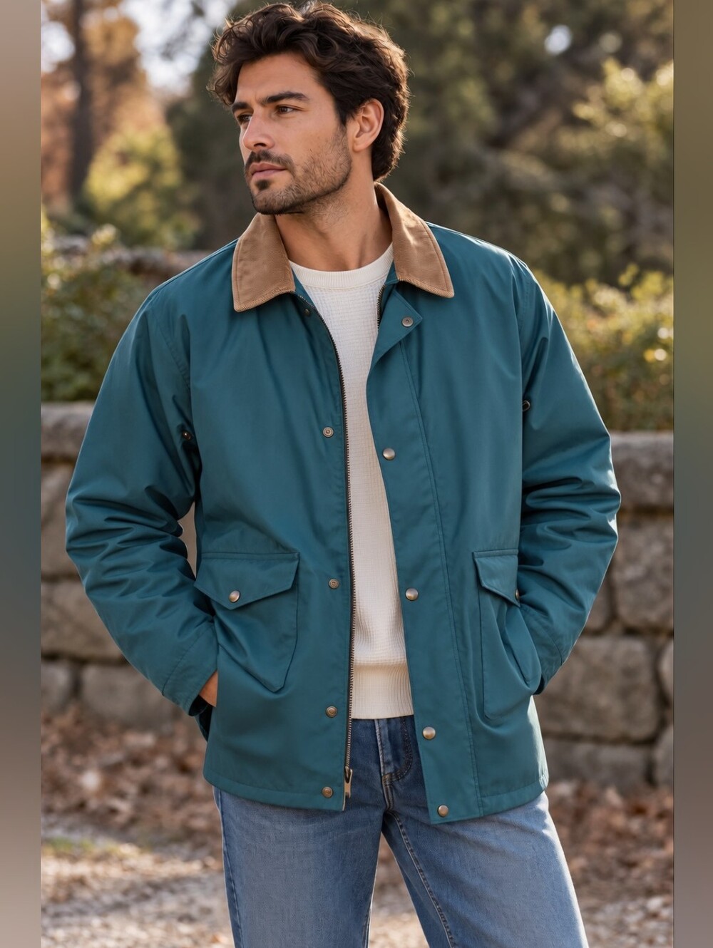Eddie Bauer Teal Field Rain Coat with Brown Corduroy Collar